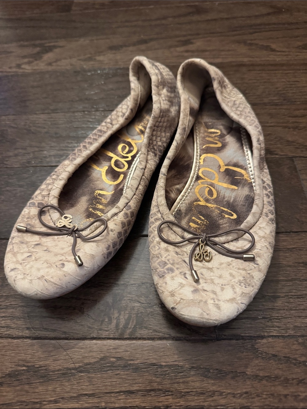 Sam Edelman Taupe Snake-Print Bow Ballet Flats